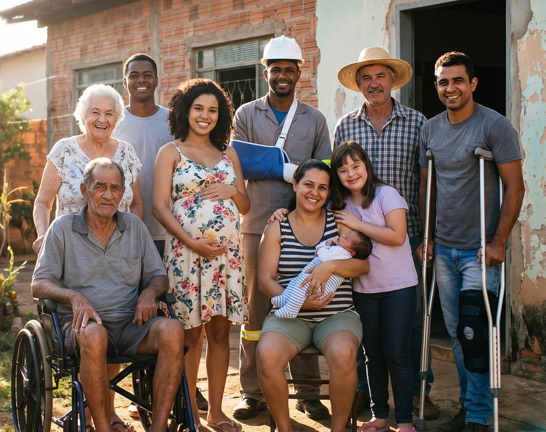 Grupo de pessoas posando juntas para uma foto em frente a uma casa: senhora idosa, homem em cadeira de rodas, grávida, mãe com o recém-nascido, trabalhador com o braço na tipoia, lavrador de chapéu, menina com síndrome de Down e homem de muletas